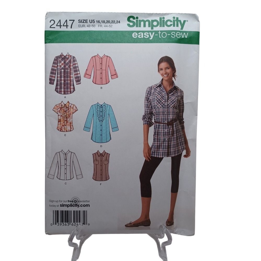 Simplicity 2447 Sewing Pattern Misses Shirts Tunics Ruffles Size 16-24 Uncut